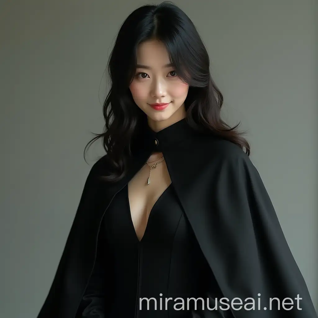 Elegant Japanese Woman in Black Sheath Dress and Cloak