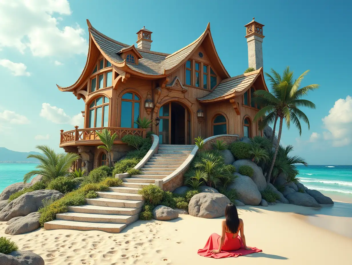 AI crooked house with human queue by the beach Planting-with wood carvings in the form of plant ornaments, large windows with glass closed, curved, smooth window shapes, winding grand entrance steps made of marble complex, curved roof with dike, lanterns, beach with a woman sitting on the beach looking at, sea 4K resolution colorful superWide-angle shots