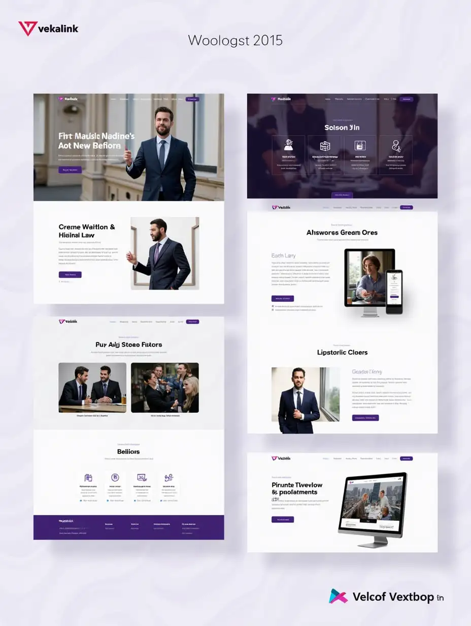 A grid layout mockup of 3-4 modern law firm websites, shown on desktop and mobile devices. Clean background with subtle branding of Vekalink in one corner. Stylish and professional. Purple theme