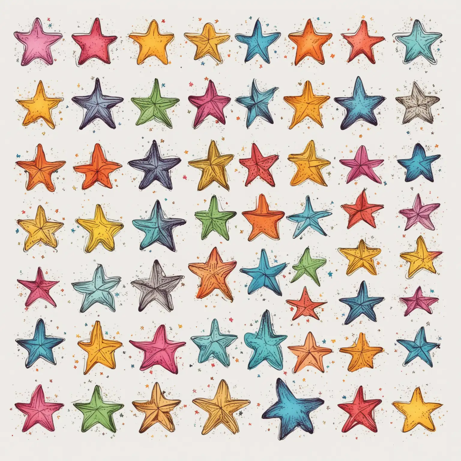 Collection of 25 Hand Drawn Bright Colour Stars on White Background