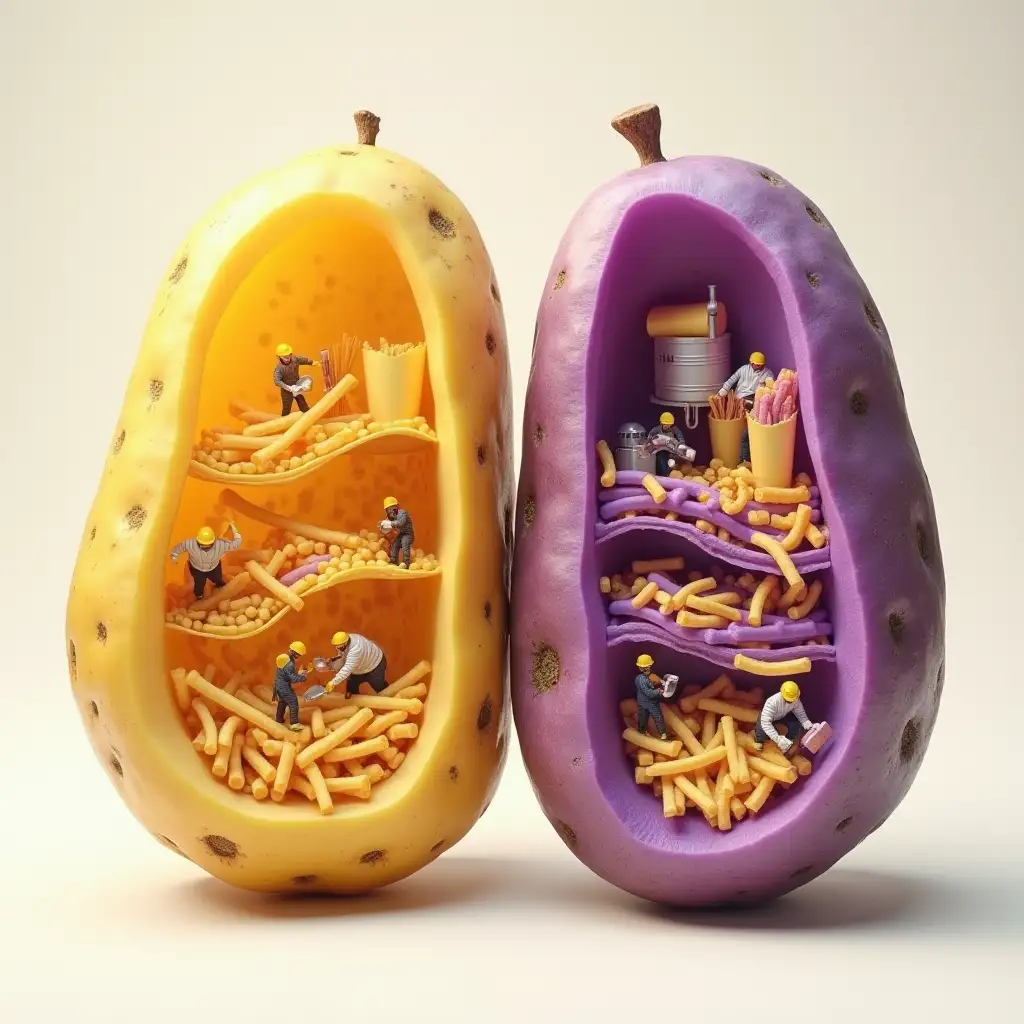 A surreal and photorealistic cutaway view of two large potatoes, placed side by side. The left one is a golden yellow potato, the right one is a purple potato. Each potato is sliced open like a cross-section, revealing an imaginative miniature world inside. Inside the yellow potato, tiny workers are harvesting and processing golden fries—some are cutting, some are frying, others are packing fries into yellow paper containers. Inside the purple potato, similar tiny workers are producing vibrant purple fries using futuristic or magical-looking equipment. The inside walls of the potatoes have natural textures, with lighting that makes the inner world glow slightly. Background is clean and minimal, focused entirely on the potatoes and their hidden worlds. Designed to be visually stunning and conceptually unique.
