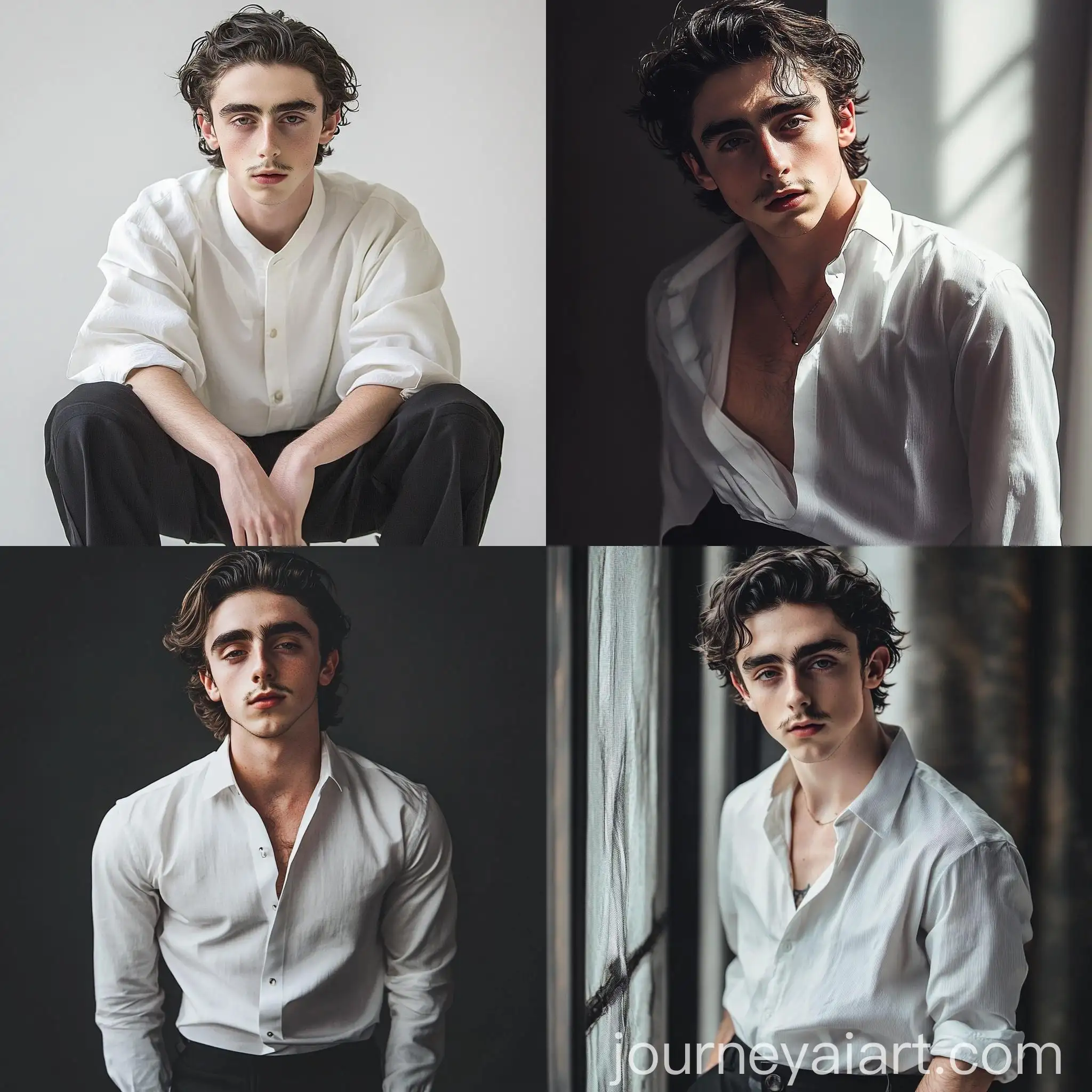 Charming-Young-Man-in-Fashionable-Pose-Black-Hair-and-White-Shirt