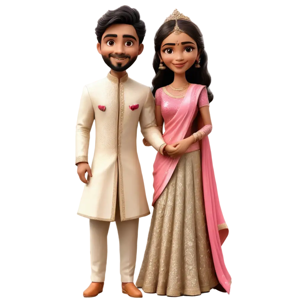 Indian-Wedding-Couple-Cartoon-PNG-Image-Bride-in-Glittery-Pastel-Pink-Saree-and-Groom-in-Pastel-Ivory-Sherwani