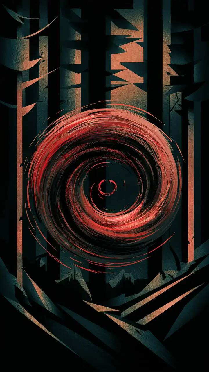 Cubist Style Artwork of a Mysterious Blood Whirl in a Dark Forest