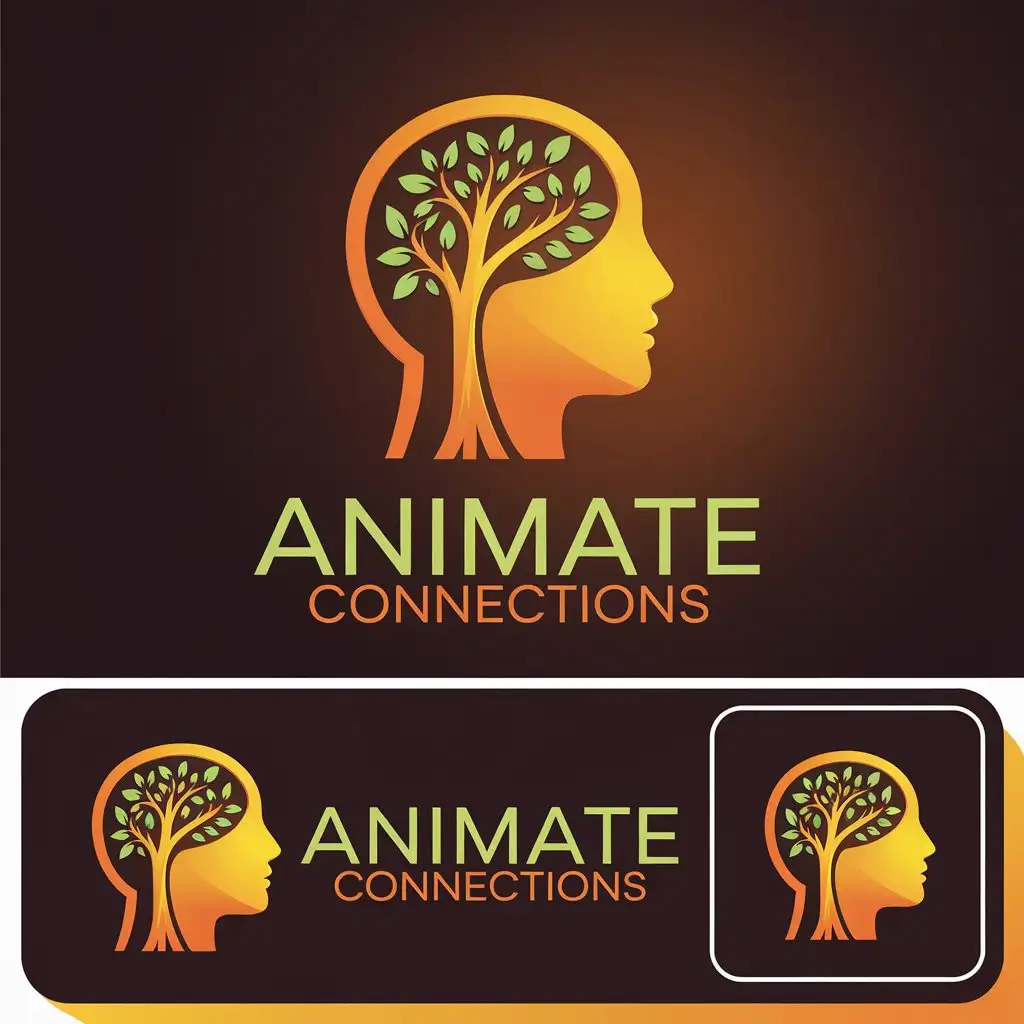 LOGO Design for Animate Connections Modern 3D Human Head with Tree Silhouette in Orange and Green