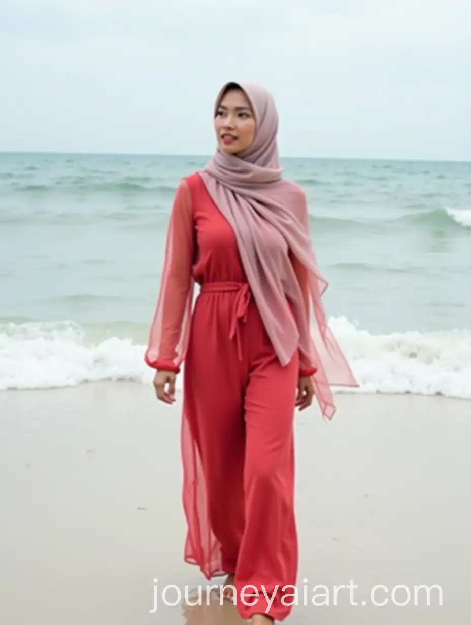 Indonesian-HijabWearing-Mother-in-Transparent-RedPink-Jumpsuit-Walking-on-the-Beach
