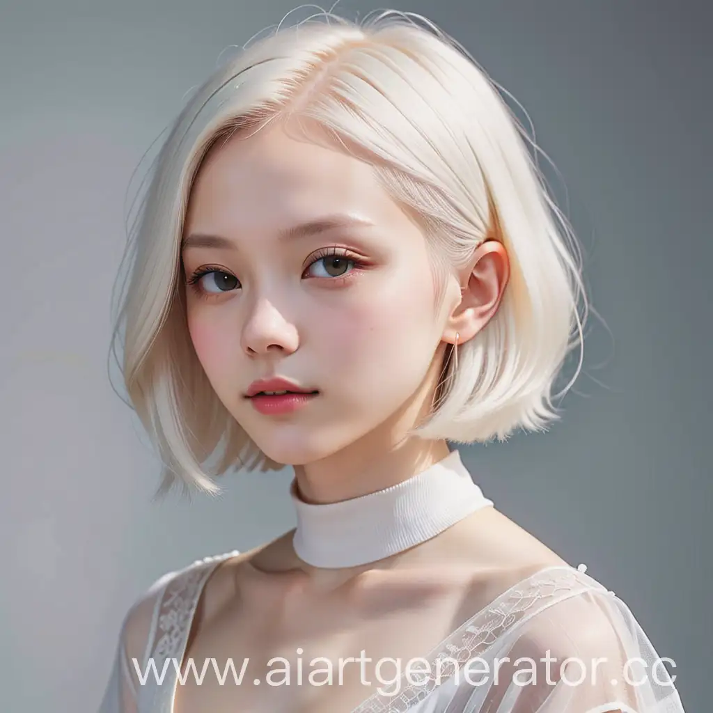 Pale girl, woman, 20 years old. White bob hair. Chin length hair. Beautiful face. Japanese. Albino. Very light almost white eyes. Thin waist, thin physique, well-groomed body. Thin, slender, thin, beautiful. Almost angelic appearance.