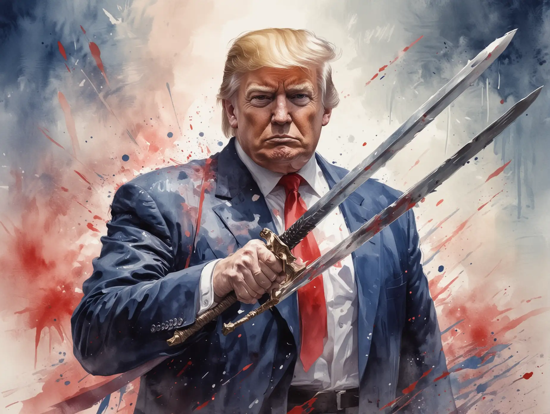 watercolor paint style, TRUMP holding a sharp sword, pointing forward, background is faint red white and blue colors