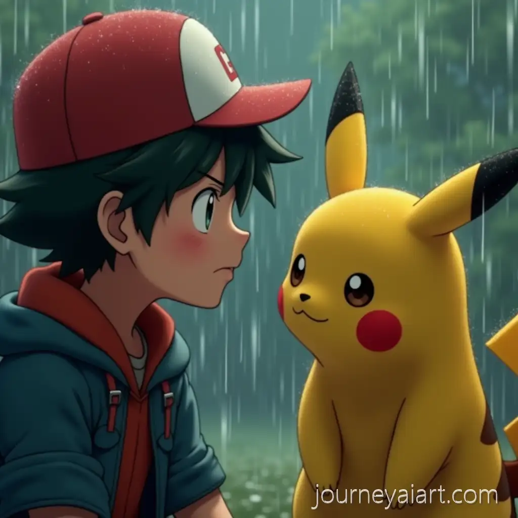 Ash-Ketchum-Smiling-at-Pikachu-in-Cinematic-Rain-with-Emotional-Realism