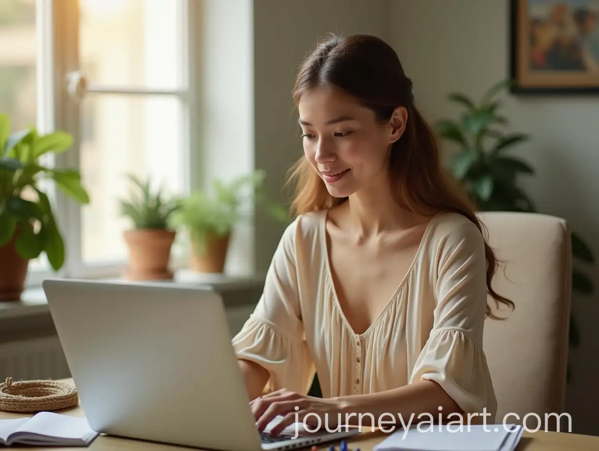 Woman-Working-at-Desk-in-Office-with-Laptop-in-Bright-Peaceful-Setting