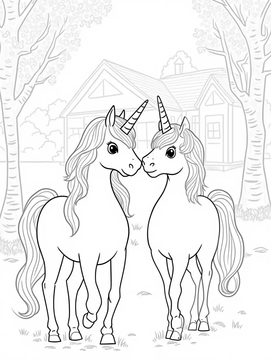 Coloring-Page-of-Two-Majestic-Unicorns-with-Birch-Trees-and-TwoStory-Building