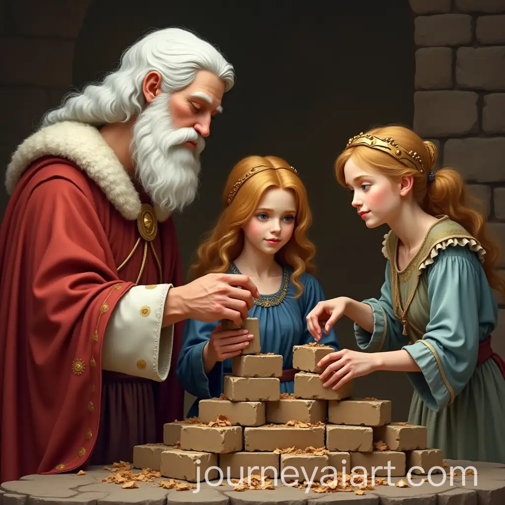 King-with-White-Hair-Daughter-in-Blue-Dress-and-Peasant-Mother-Building-Bricks-Together