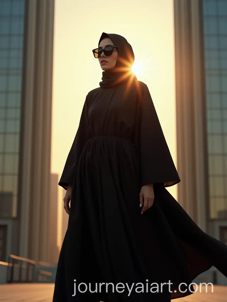 Mysterious-Woman-in-Black-Niqab-and-Linen-Robe-in-Futuristic-Metropolis-at-Golden-Hour