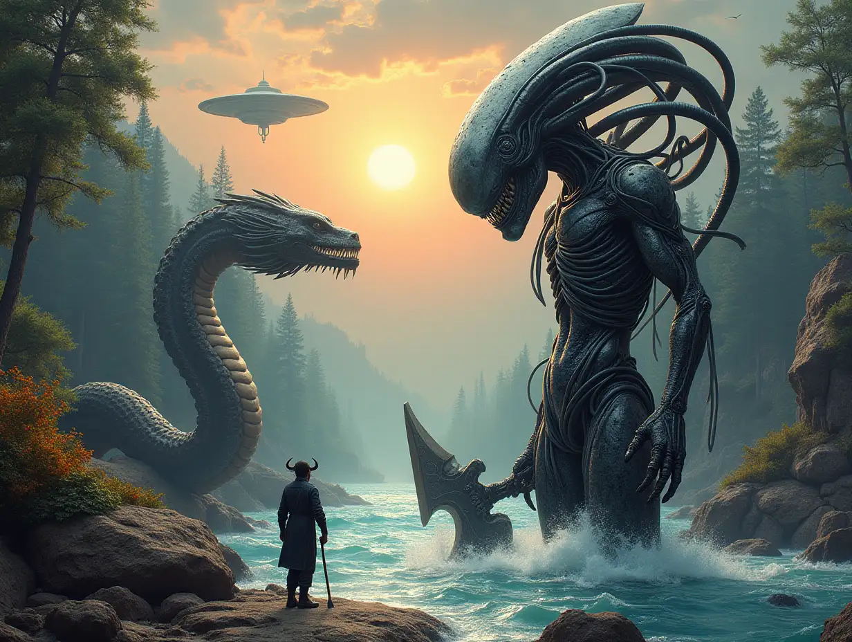 Hyperrealistic portrait of a 15 meter tall metal alien king with metal hair, black and white, with an ax in the sea in front of a 10 meter alien predator with a giant alien snake with waves on a rock with plants, elaborate detailed, colorful forested planet with sun and UFO background