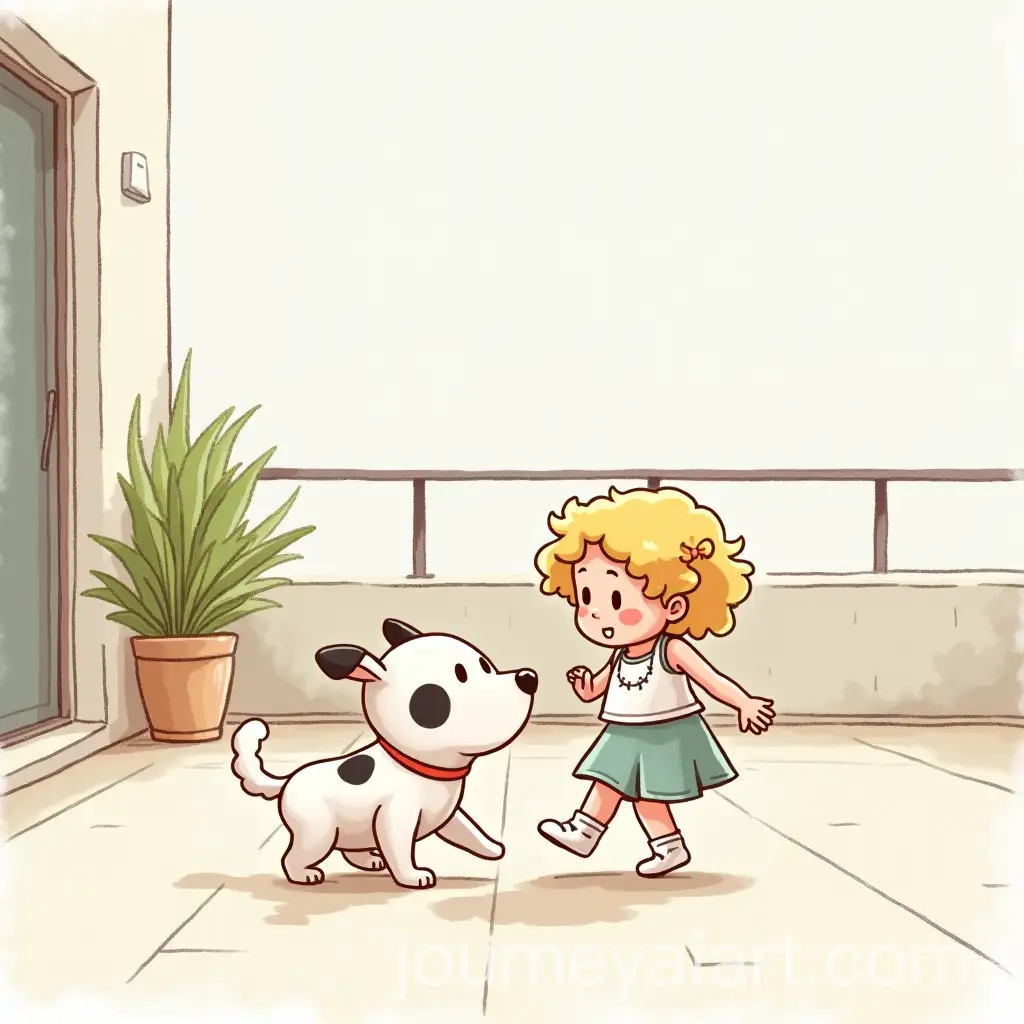 OneYearOld-Blonde-Girl-Playing-Ball-with-White-Dog-on-Apartment-Terrace
