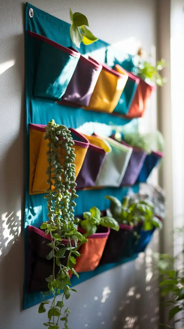 Medium shot of a vibrant, colorful fabric wall organizer transformed into a hanging plant wall.  The organizer is made of sturdy canvas in a deep teal color and is hung on a light grey wall.  Multiple pockets of varying sizes are filled with trailing plants like pothos, string of pearls, and herbs like mint and basil.  Sunlight streams in from the side, casting soft shadows and highlighting the textures of the fabric and plants.  Focus is on the organizer and plants, with the grey wall slightly blurred. Style:  Eclectic, bohemian, practical, colorful, warm lighting, lifestyle photography