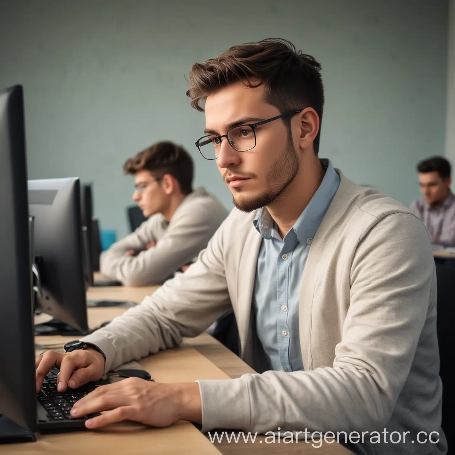 Man programming on his computer in school classroom and thinking about future job, where he will be programming in big company