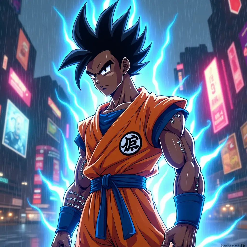 Design a cyberpunk-inspired anime illustration of Uub from Dragon Ball Z reimagined as an African American boy with a sharp black mohawk. His mohawk should have neon blue highlights to match the futuristic cyberpunk aesthetic. Dress Uub in a sleek, tech-enhanced version of his signature orange gi, with glowing blue circuitry patterns integrated into the fabric and a high-tech belt replacing his sash. Position Uub in a futuristic cityscape with towering skyscrapers, holographic advertisements, and vibrant neon lights in shades of blue, pink, and purple. Surround him with a glowing energy aura that blends golden ki with neon streaks, radiating his immense power. Equip him with cybernetic arm enhancements and subtle tech accents like glowing gauntlets or boots. The background should feature a gritty urban atmosphere with rain-slicked streets, flying vehicles, and digital billboards, creating a dynamic and immersive cyberpunk world.