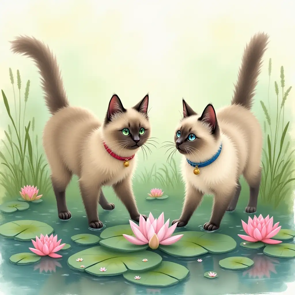 Two Tonkanise cats playing in a field of water lilies, with a misty and watercolor background in an impressionistic style inspired by Monet, one has a red collar, the other a blue collar