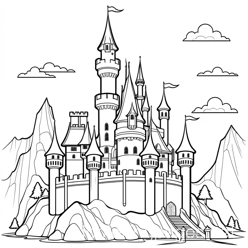 Castle with a dragon , Coloring Page, black and white, line art, white background, Simplicity, Ample White Space. The background of the coloring page is plain white to make it easy for young children to color within the lines. The outlines of all the subjects are easy to distinguish, making it simple for kids to color without too much difficulty