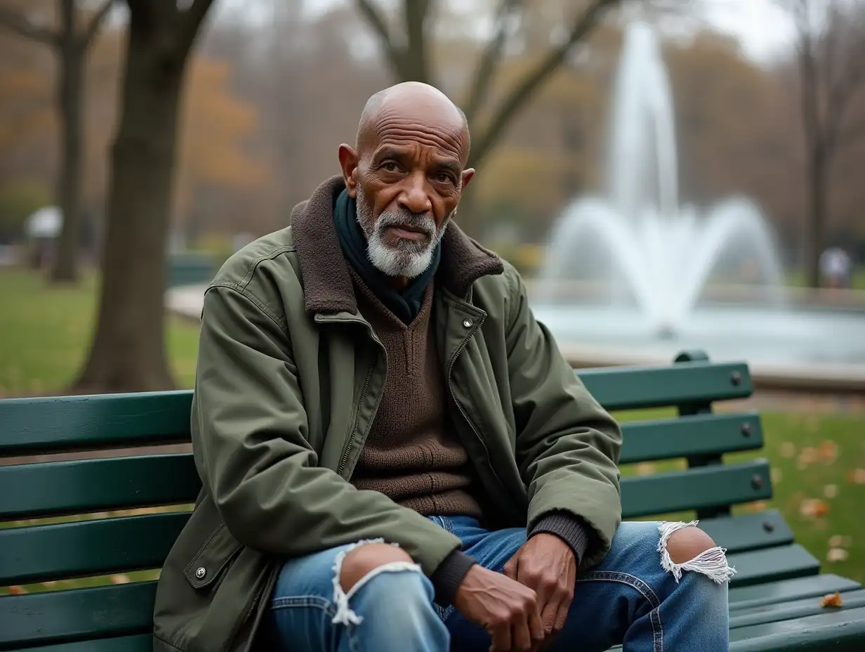 Image of a homeless black man named Samuel L. Jackson, bald African American man in his 70s with a well-groomed goatee and intense, expressive eyes. His face has strong, defined features, including a broad forehead, high cheekbones, and a distinctive, authoritative expression wearing an old jacket and torn jeans, sitting on a green wooden bench near a fountain in Central Park on a quiet afternoon