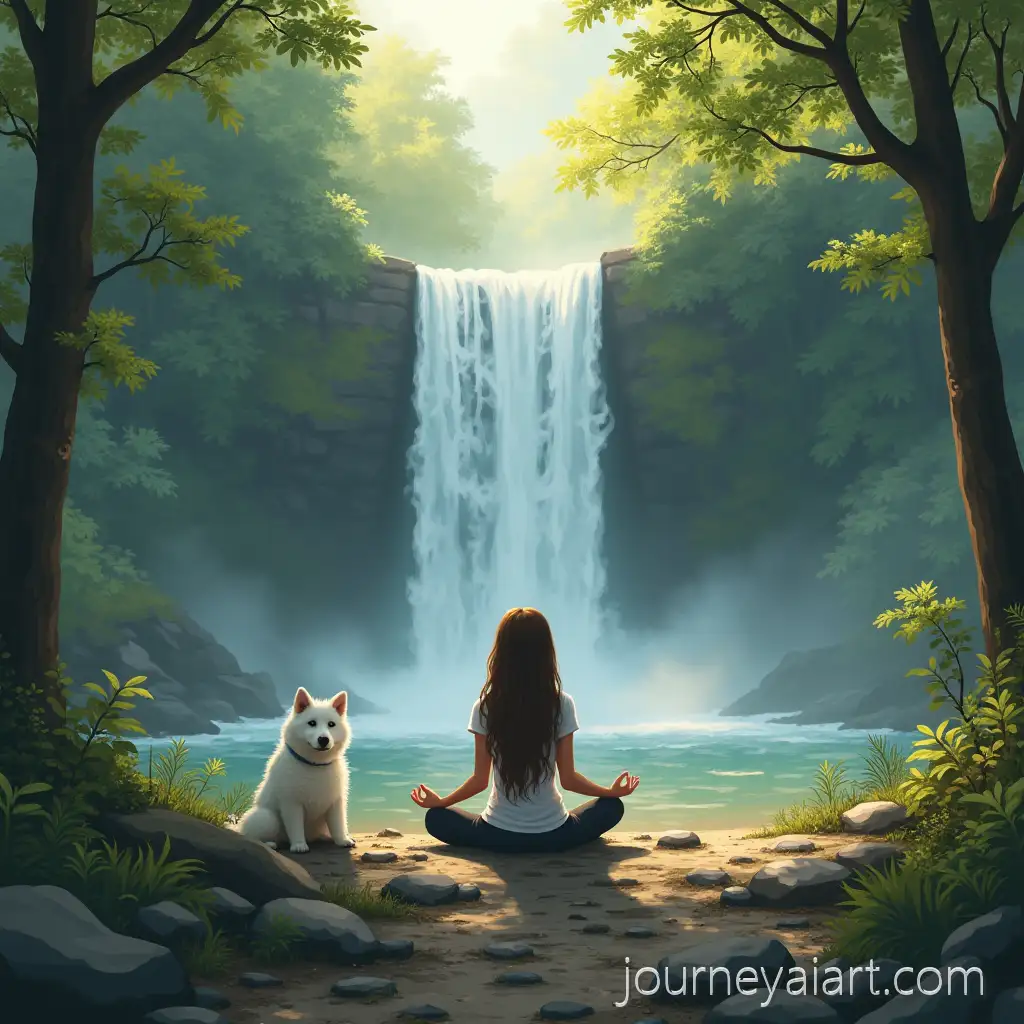 Girl-Meditating-in-Forest-with-Waterfall-and-White-Dog-by-Her-Side