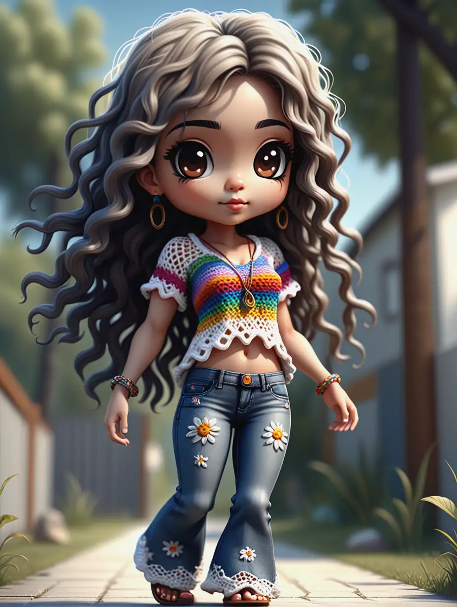 Realistic Chibi Illustration of a Young Woman in Bohemian Fashion