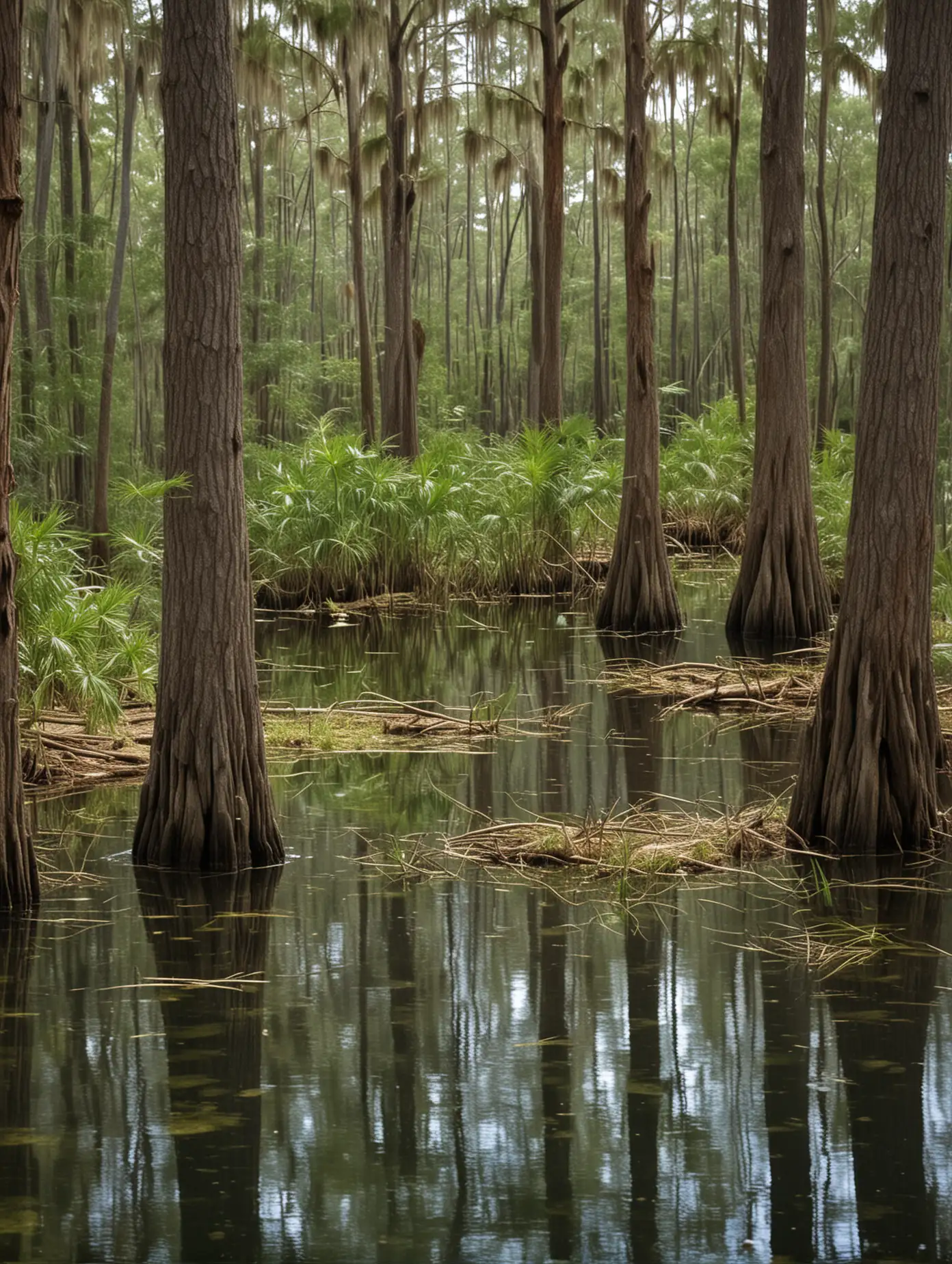 Start with a on the left a Dense Forest (Longleaf Pines & Oak Hammocks) Longleaf Pines: Tall trees, scattered throughout the landscape, with a White-Tailed Deer grazing near them. Scrub Jays can be perched on branches. Oak Hammocks: Dense foliage providing shade. Small animals like squirrels and foxes can be present. The forest should feel deep and inviting, with rich green hues. b. Transition to Wetlands and Cypress Swamps Cypress Trees: Tall trees emerging from the water with distinctive cypress knees around them. The wetland plants should be abundant, adding to the lushness of the scene. Alligators: Partially submerged in the water, near the cypress trees. The water can be murky with a mix of green and blue tones. River Otters: Swimming or playing in the water, adding liveliness to the swamp area.