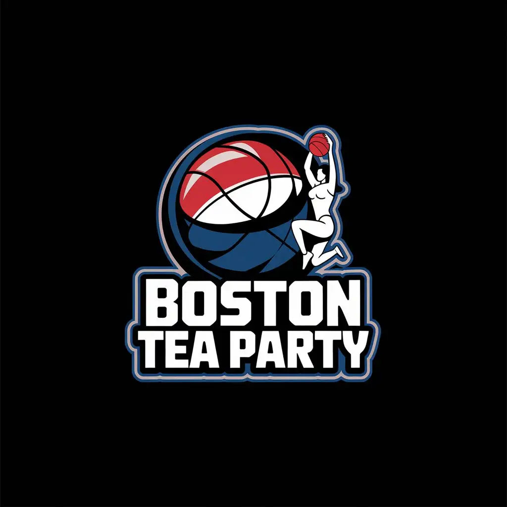 LOGO Design for Boston Tea Party Animated Basketball Dunking Woman with Red White and Blue Retro Americana Theme