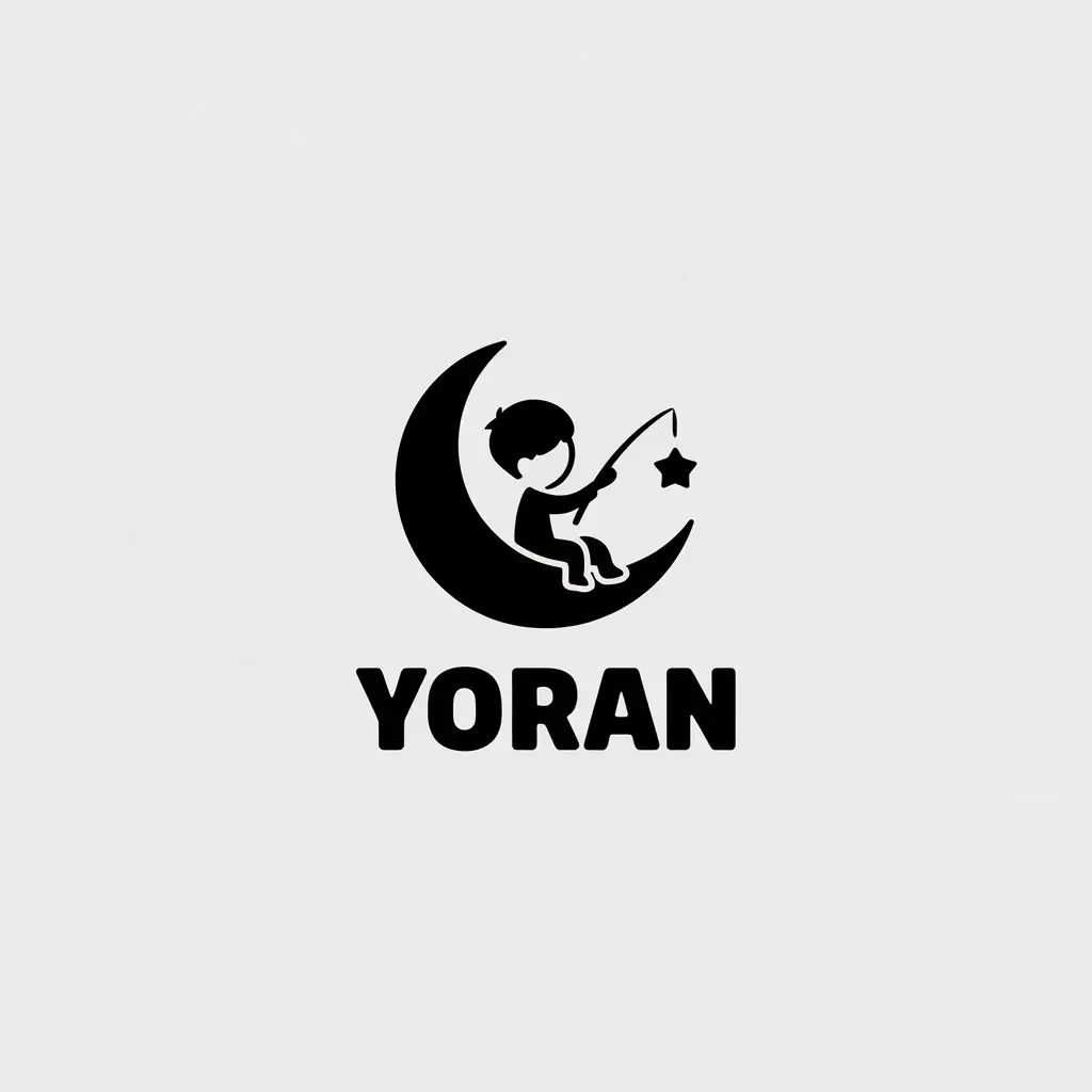 a vector logo design,with the text "yoran", main symbol:A little kid sitting on the moon casually fishing for a star,Minimalistic,be used in Travel industry,clear background