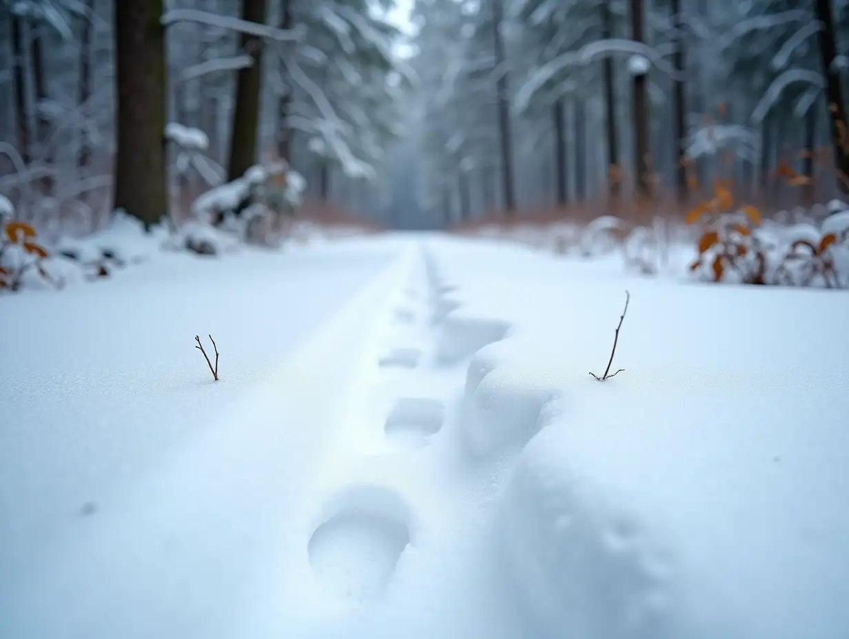 2. Footprints in the snow in the forest