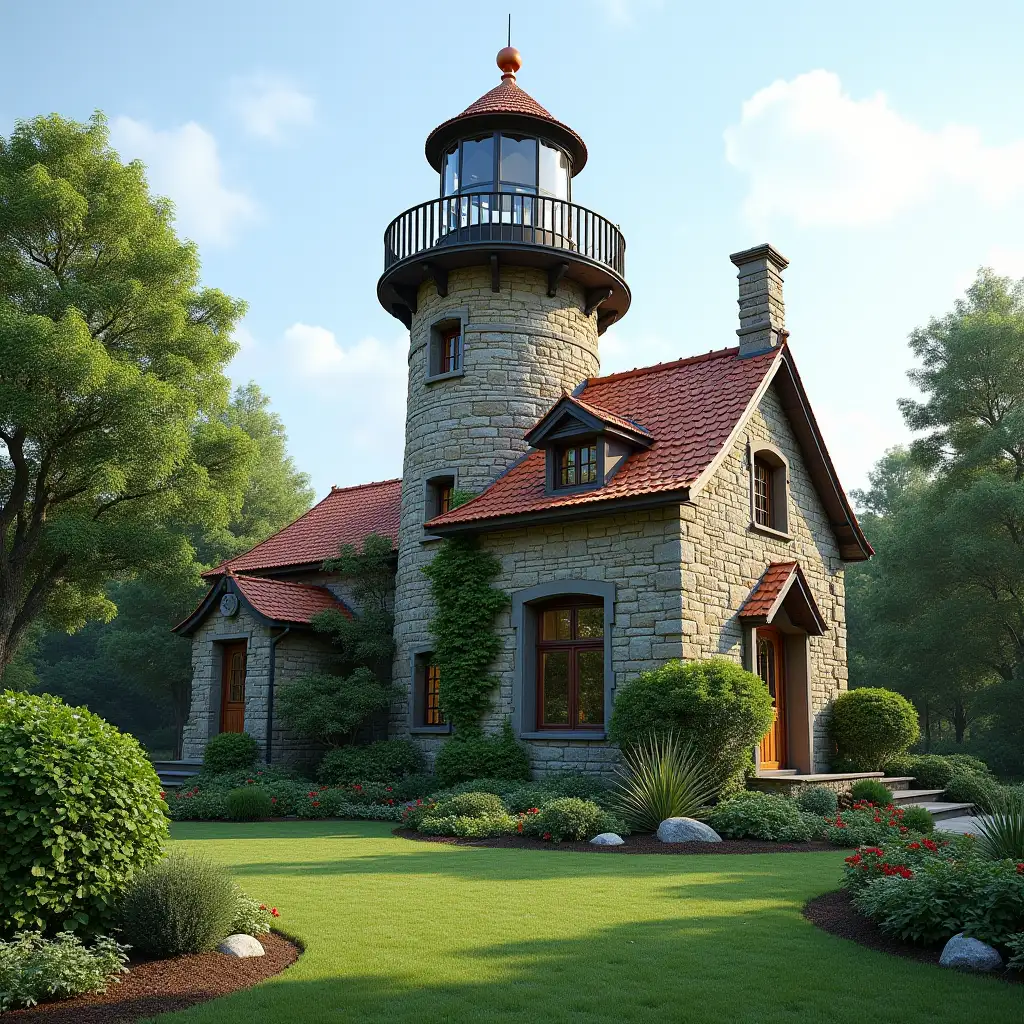 Charming-Stone-Lighthouse-House-Surrounded-by-a-Lush-Garden