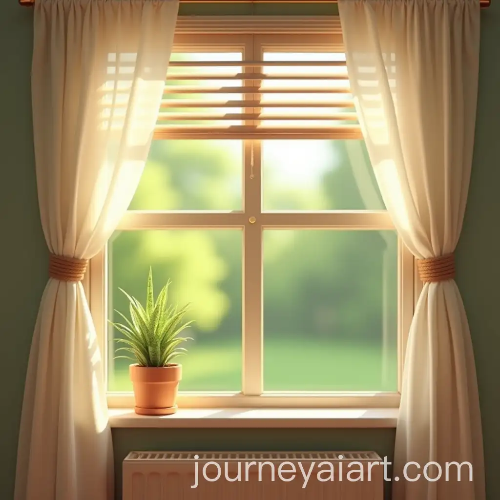 Cozy-Window-Scene-with-Blinds-Curtains-and-Miniature-Plant