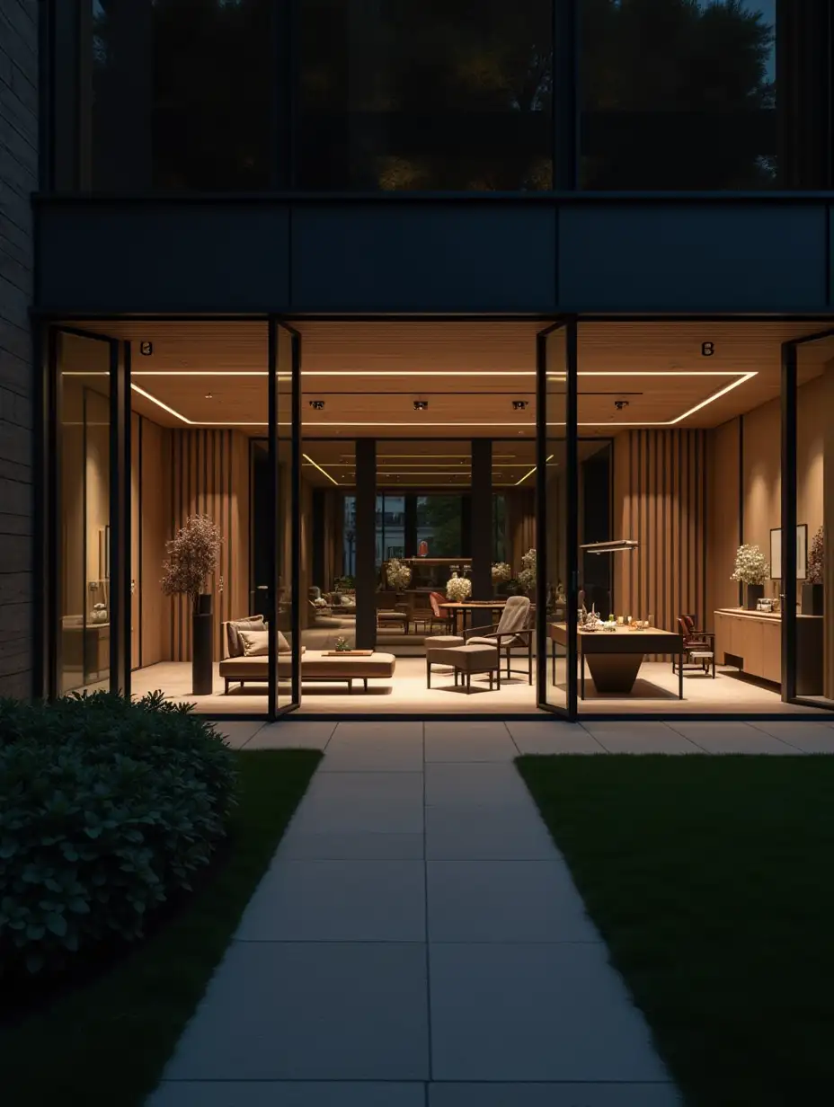 Modern-Space-with-Illuminated-Glass-Facade-and-Elegant-Store-Interior