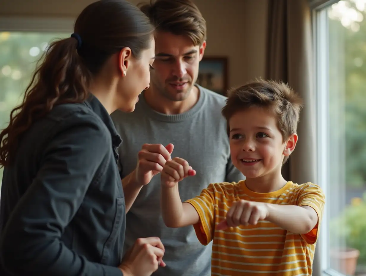 Create photo depicting parents empowering their 13-year-old child to confidently respond to bullying. The scene should capture a heartfelt moment of guidance and support, where the parents are teaching their child self-defense techniques, assertive communication, or resilience strategies. The child should appear strong and confident, standing tall, while the parents offer encouragement with protective and supportive body language. The setting can be a warm home environment or a symbolic backdrop representing strength and security. Use natural lighting and detailed facial expressions to convey deep emotions of empowerment and family unity.