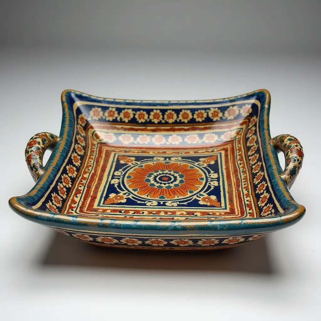 Square with rounded corners ceramic serving dish with embossed beautiful handle, antique and old, Qajar art, Iranian Tabriz carpet design