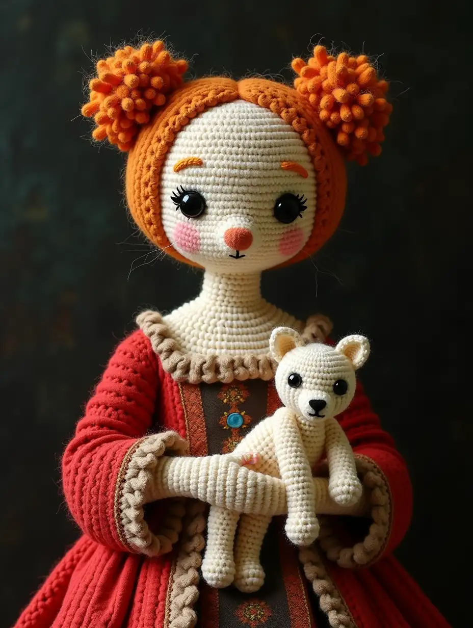 Recreate the painting 'Lady with an Ermine' by Leonardo da Vinci, super big head, crochet, amigurumi