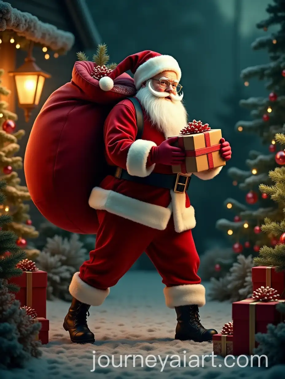 Santa-Claus-in-Dynamic-Pose-with-Gift-Sack-and-Christmas-Garden-at-Night