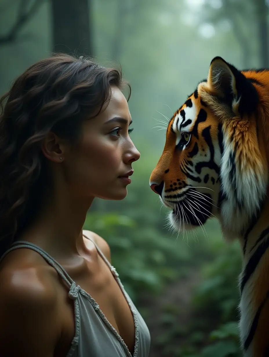 Woman-and-Tiger-Facing-Each-Other-in-a-Lush-Forest