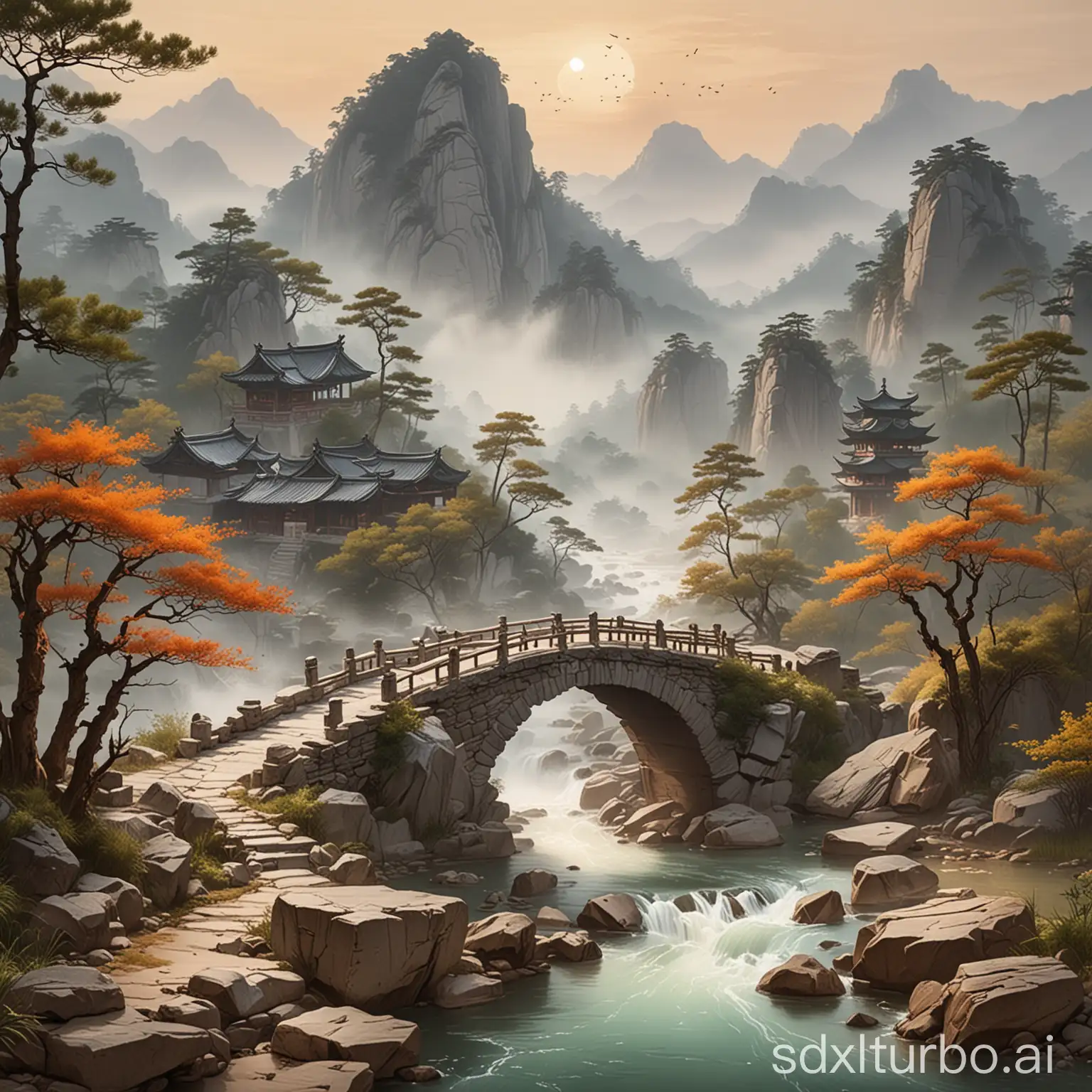 Traditional-Chinese-Landscape-Painting-Misty-Mountains-Flowing-Stream-PineCovered-Peaks-Ancient-Stone-Bridge