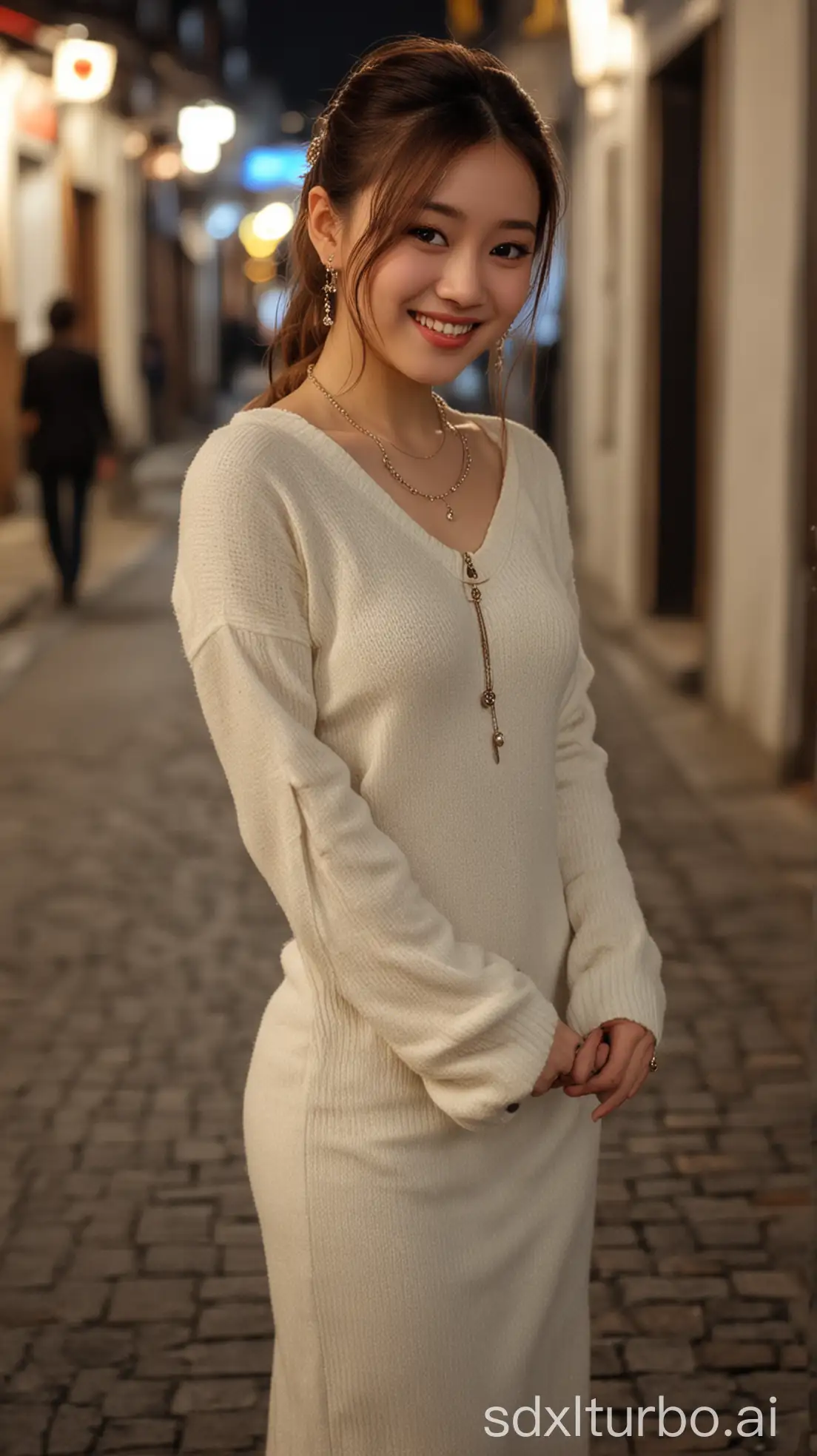 Chinese-Beauty-in-Winter-Night-Setting-with-Sweet-Smile-and-Elegant-Dress