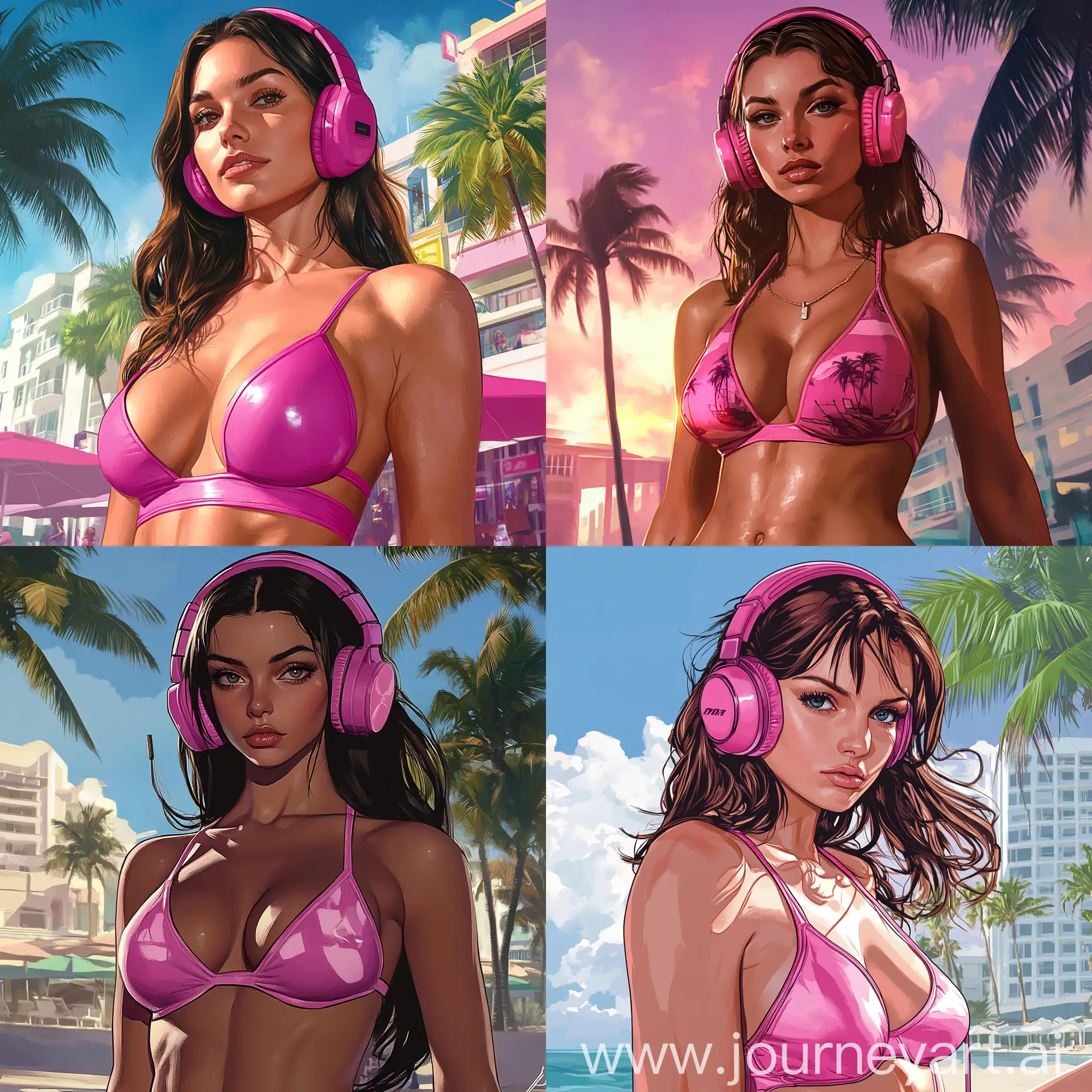 80s-Retro-Vibe-Miami-Beach-Brunette-in-Pink-Bikini-with-Vintage-Headphones