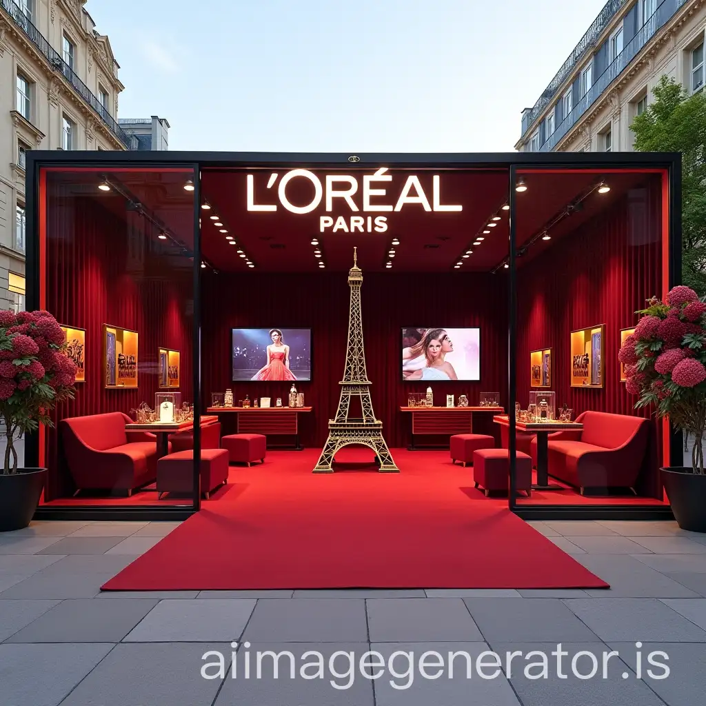 Create a spacious, freestanding, glass pop-up building with the ‘L’Oréal Paris’ logo, situated in an open, bright plaza, with a red carpet leading inside. Inside, there is comfortable seating for about 25 people in elegant, deep red tones, and multiple large screens streaming the fashion show live. A human-sized miniature Eiffel Tower stands in the center of the space. L’Oréal products, such as lipsticks, are beautifully displayed on elegant, deep red pedestals and within stylish vitrines. Additionally, there is a chic champagne bar inside, with a server dressed in an elegant red uniform, offering glasses of champagne. The space is also decorated with beautiful flowers, such as hydrangeas, adding a fresh and elegant touch.