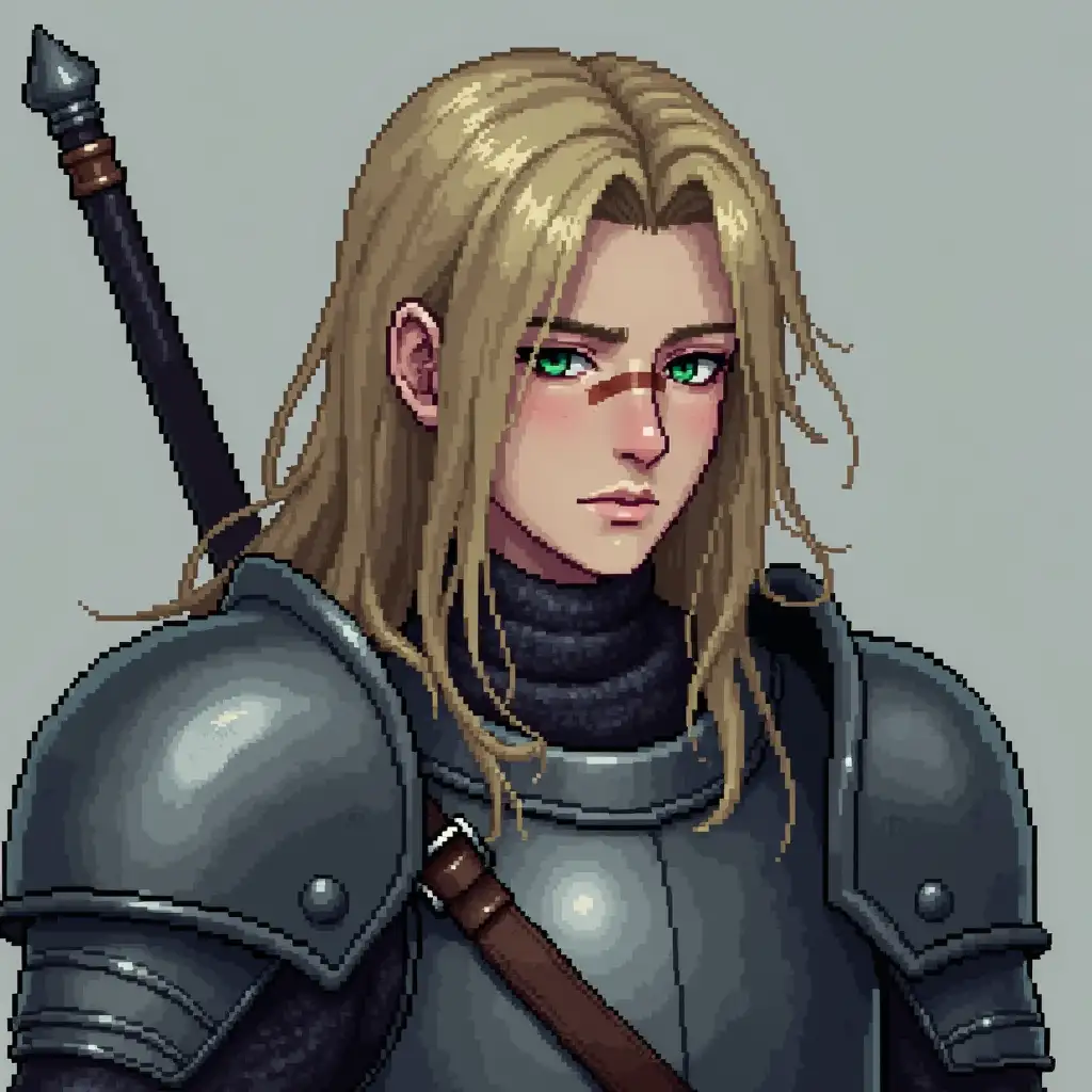 Pixelart style, European Male, 5''8' tall, long dark blond hair, normal build, grey eyes, and green pigmentation at the black center of the eyes. The eyes themselves are always closed, which makes his gaze lifeless, they are a bit hazy - it's hard to see into the distance. There is a scar across the bridge of the nose absolutely straight scar line. His character is cold-blooded and pragmatic, he also treats girls calmly, without trepidation. His state of life: indifferent calm. He also believes that the end always justifies the means. He wears plate armor that covers everything, he wears helmet, a helmet with a slit for the eyes, like a Teutonic knight's, he has a one and a half sword hanging on his right. Full-body portrait.