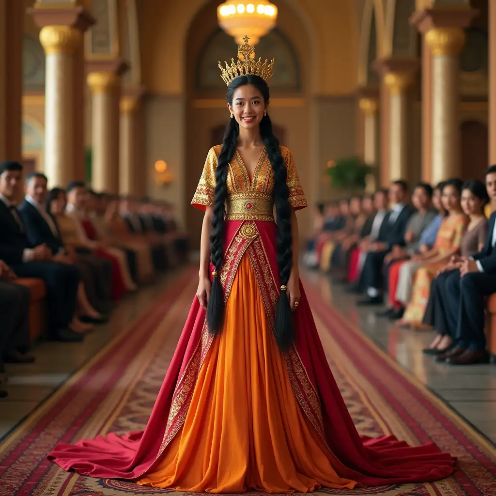 Realistic photo. A large luxurious Arabic style royal hall. An official solemn event. A smiling beautiful dark-skinned slender young adult Asian lady stands in her full height. Her black hair gathered in two thick and very long black plaits lower than the hips. The lady wears a crescent-and-stars-like crown, jewelry, a long bright multicolored luxurious multi-tiered gown (the sleeves of the gown are long), a decorated with Kazakh ornaments short gold-colored short jacket (the jacket has no sleeves) over the gown. The bottom of the hem of the gown. View to feet. Full growth.