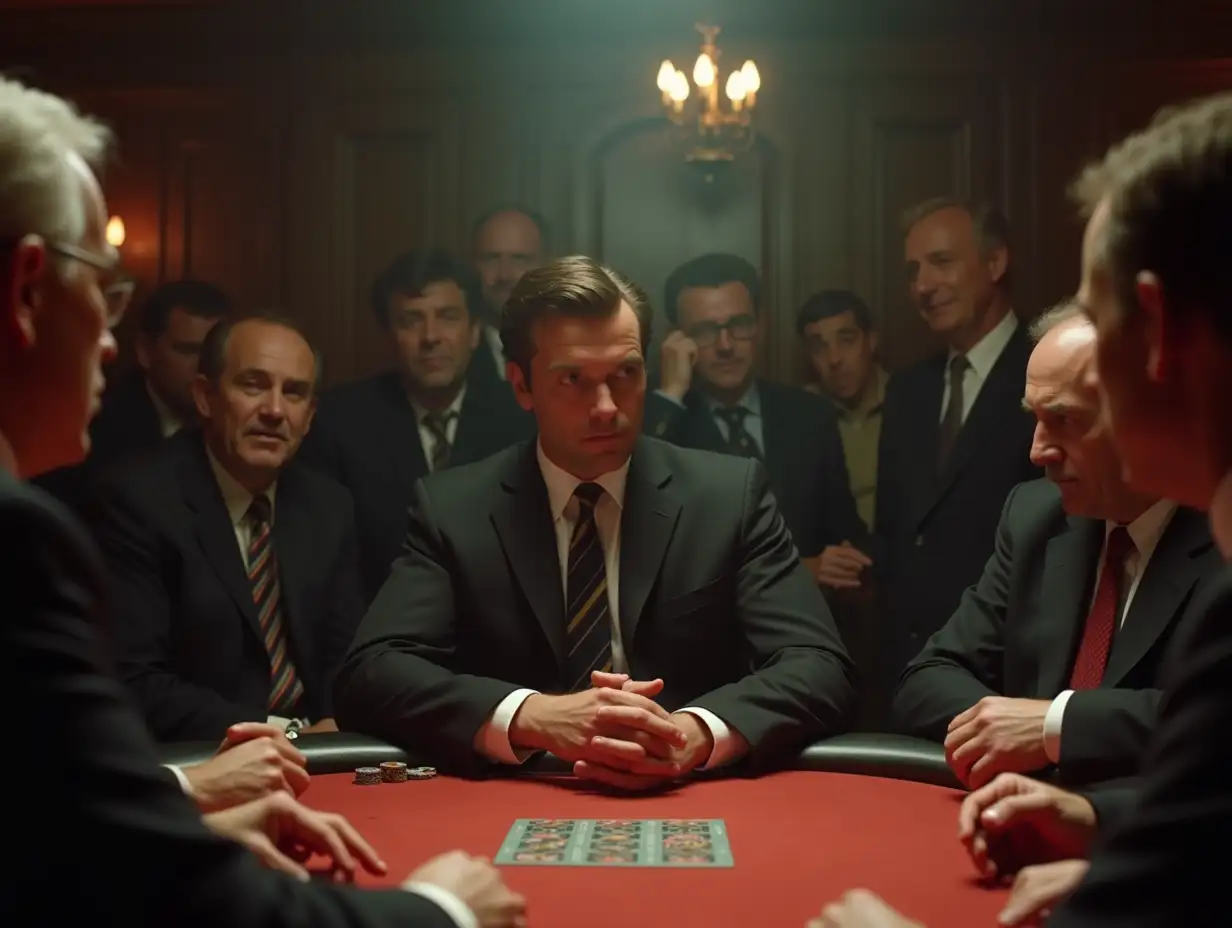 1960s-Man-in-Suit-Gambling-at-Dimly-Lit-Casino-Table-Surrounded-by-Angry-Players