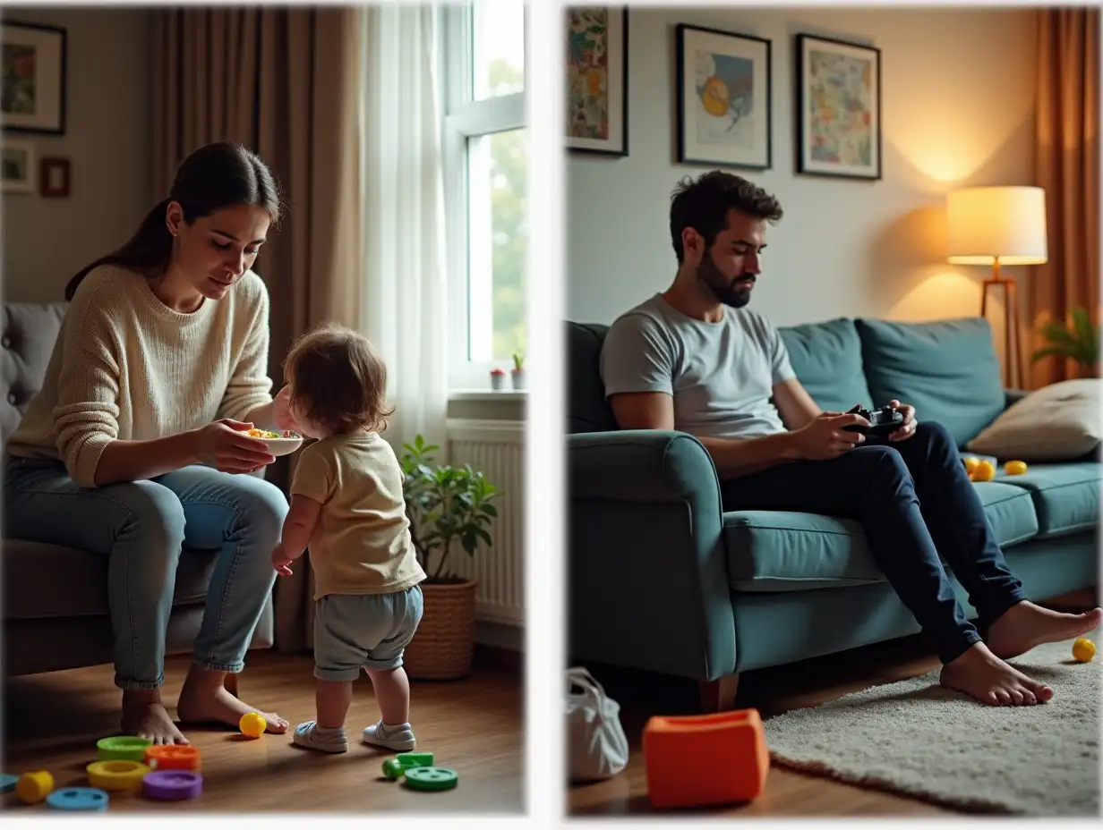 2 frames: Wife silently feeds child, her face tense, fatigue reflected in every movement. She is also trying to tidy up the room - picking up toys and throwing away trash from the floor. Every now and then she looks at her husband who is still sitting on the couch, engrossed in video games, not noticing her efforts. In her gaze there is tiredness and irritation - she can no longer ignore his inaction.