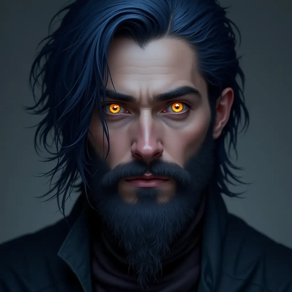 a man with dark blue hair, a beard, yellow eyes, fantasy portrait