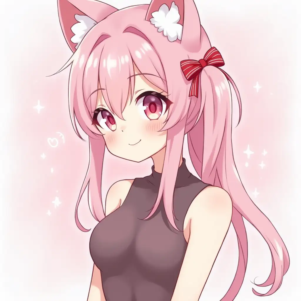 kawaii anime girl with pink hair has cat ears ribbons wear bodysuit