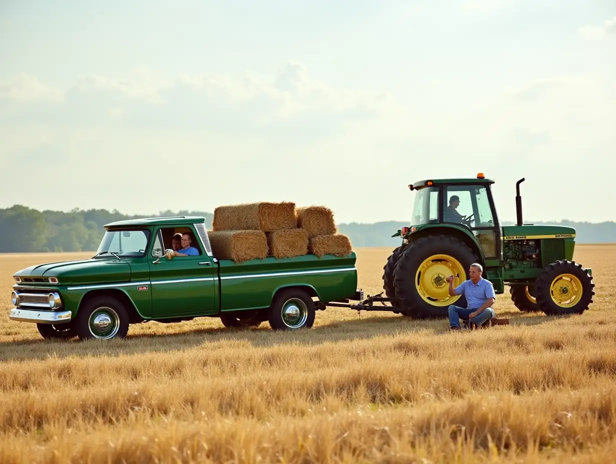 1966-Chevrolet-Pickup-and-John-Deere-Tractor-in-Hay-Field-Scene